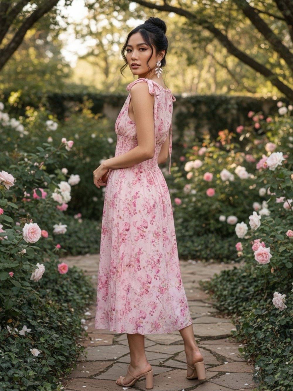 Dreamy Cottagecore Pink Floral Smocked Midi Dress - Picture 2 of 3